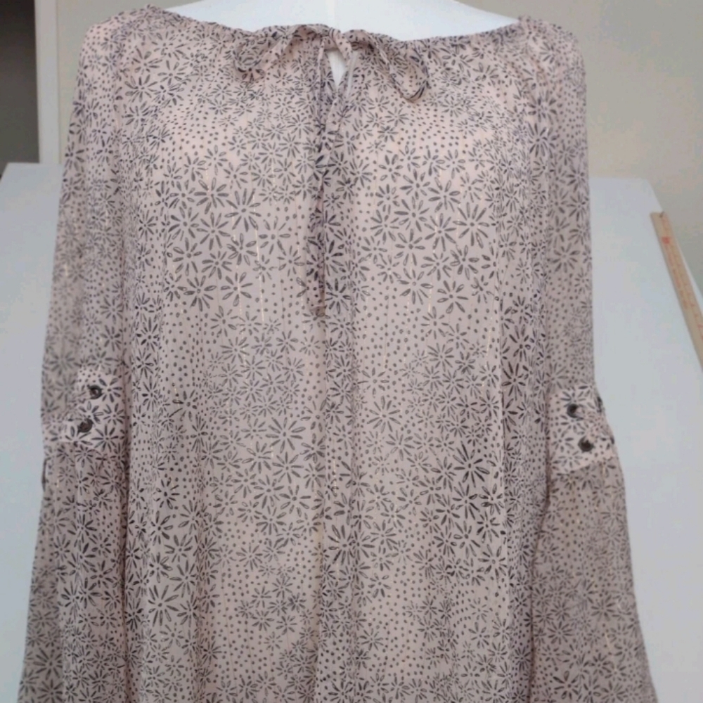 XL Style & Co. Sheer Taupe Brown Floral Bell Sleeves  Tie Front Women's Blouse